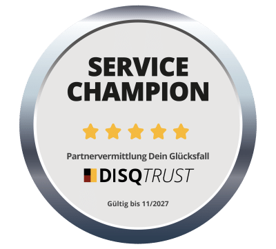 DISQ Trust Siegel „Service Champion“ – Partnervermittlung Dein Glücksfall, gültig bis 11/2027